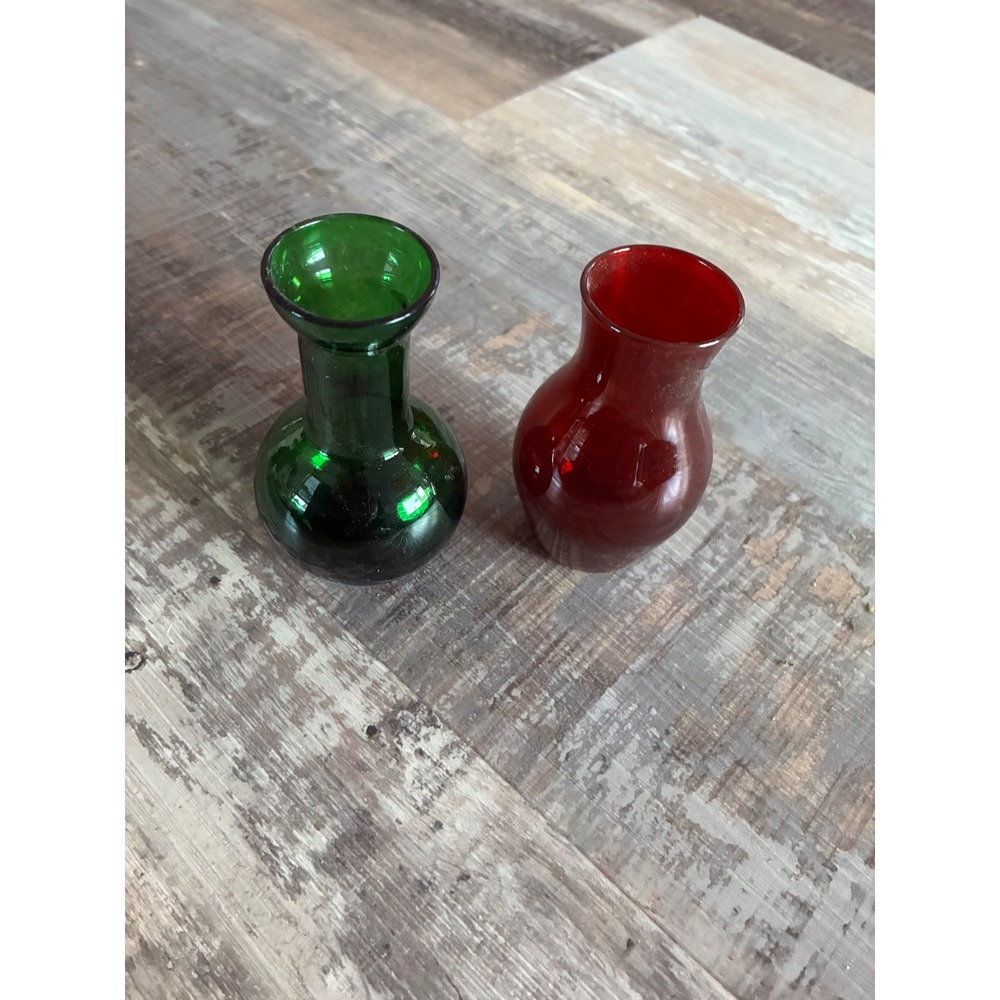 Vintage Miniature Glass Bud Vases Set of 2 Ruby Red Emerald Green Holiday Decor